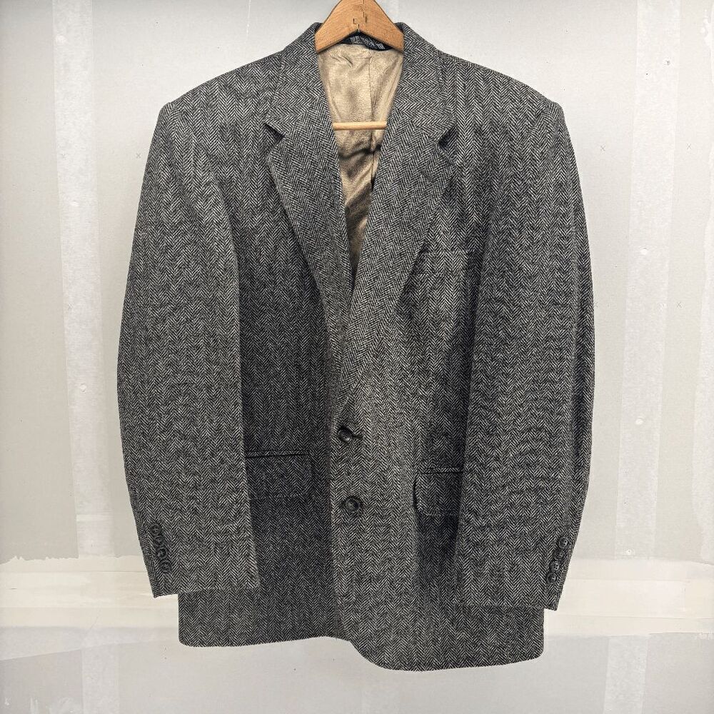 Lands End Men Black Gray Sport Coat HERRINGBONE Jacket Lambs Wool Tweed Blazer